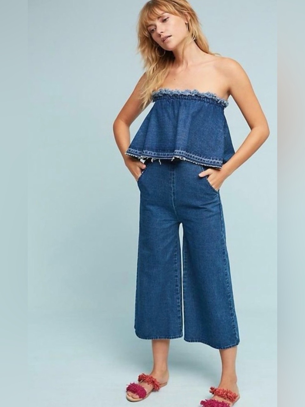 JOA Denim Strapless Wide-Leg Jumpsuit from Anthropologie  size small #1305